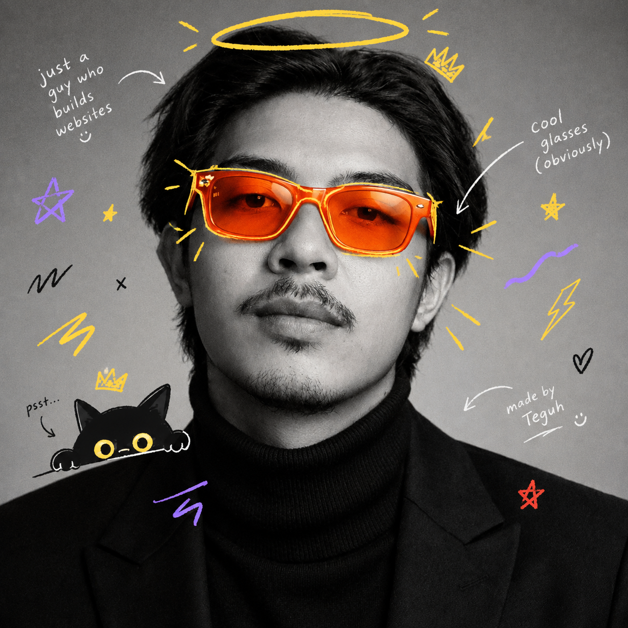 Teguh Rinaldi, founder and creative developer behind ODDLYRINALDI — portrait annotated with hand-drawn stars, a halo, and playful notes